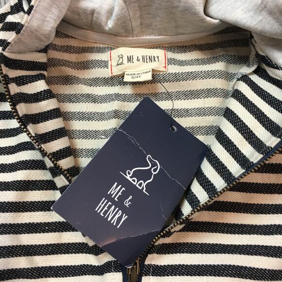 NWT Me & Henry Kids Hoodie 3/4Y Black White Striped Zip-Up Cotton - Picture 2 of 8